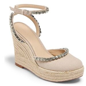 Cinq a Sept Size 7.5 - 8 38.5 Rhinestone Espadrille Wedge Sandals Beige Canvas